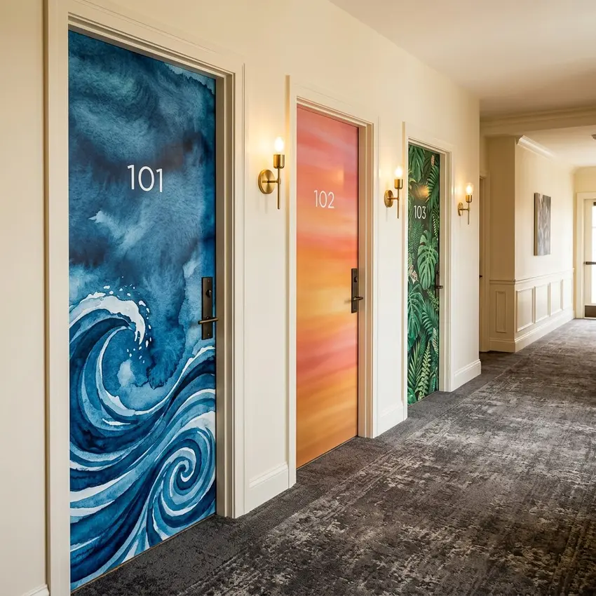 Boutique hotel room doors with custom watercolour designs — UV printing on doors Ireland