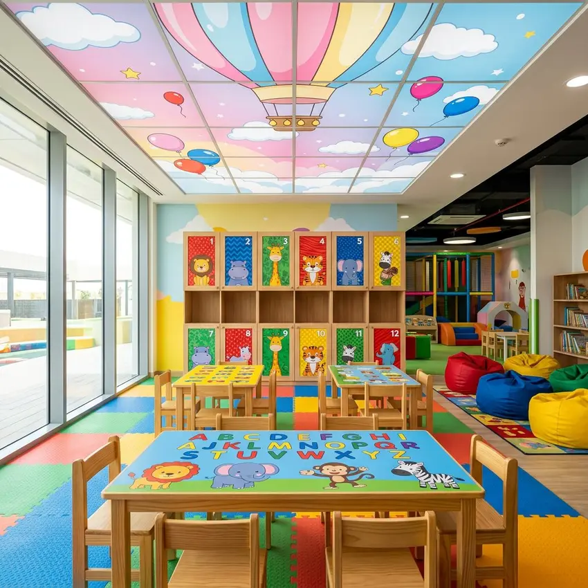 Children's play centre with printed ceiling tiles tables and furniture — UV printing on multiple surfaces Ireland