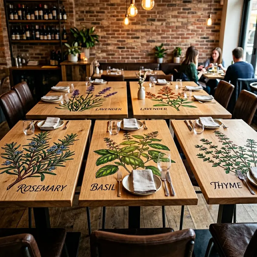 Custom printed restaurant table tops with botanical herb illustrations — UV printing on wooden surfaces Ireland